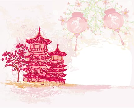 old paper with Asian Landscape and Chinese Lanterns - vintage japanese style background