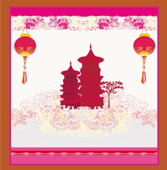 old paper with Asian Landscape and Chinese Lanterns - vintage japanese style background