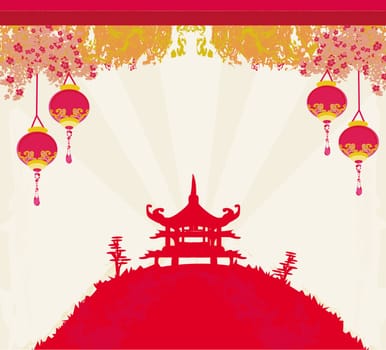 old paper with Asian Landscape and Chinese Lanterns - vintage japanese style background