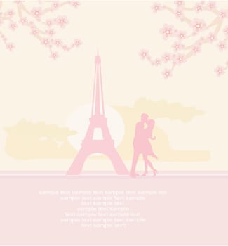 Romantic couple in Paris kissing near the Eiffel Tower Retro card