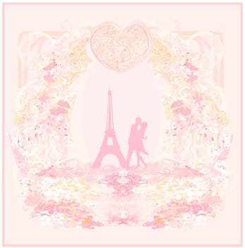 Romantic couple in Paris kissing near the Eiffel Tower Retro card