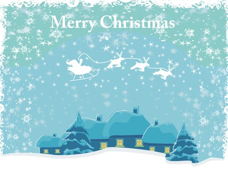 Happy New year card with Santa above village and winter landscape