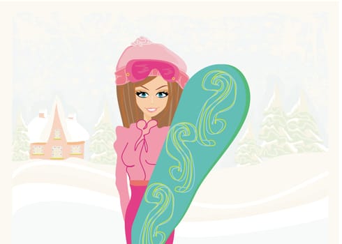Girl with the snowboard on winter landscape