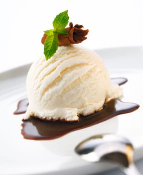 Serving of ice cream and hot chocolate sauce garnished with shaved chocolate and mint
