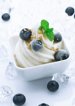 Serving of frozen creamy ice cream topped with whole fresh blueberries and a sprig of mint surrounded by ice cubes