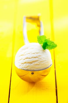 Metal icecream scoop filled with a ball of creamy vanilla icecream topped with a sprig of fresh green mint