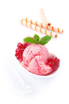 Delicious serving of redcurrant icecream in a white porcelain bowl garnished with whole fresh fruit and mint leaves. For ice-cream concept look at my portfolio