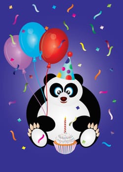 Happy Birthday Panda Bear with Party Hat Balloons and Cupcake Illustration