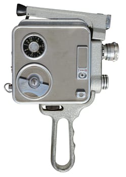 Old silver movie camera, isolated on white.