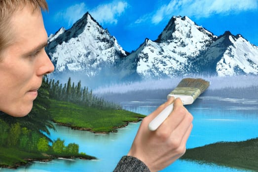 Artist shows how he works on a blue landscape painting