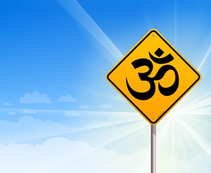 Spiritual symbol on yellow background and with blue sky and sunshine behind