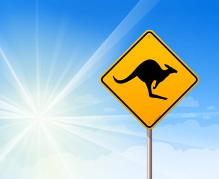 Iconic roadsign with black kangaroo animal silhouette