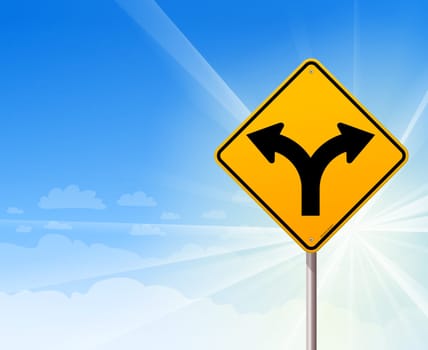 Yellow roadsign of forked road on a blue sunshine background