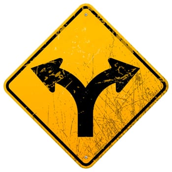 Damaged yellow metallic roadsign with fork symbol