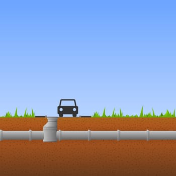 System of concrete pipes under the ground with grass and blue sky