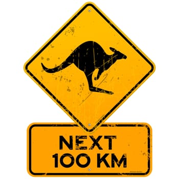 Yellow Kangaroo roadsign with next 100 km additional table