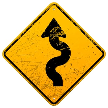 Yellow sign with winding road black symbol