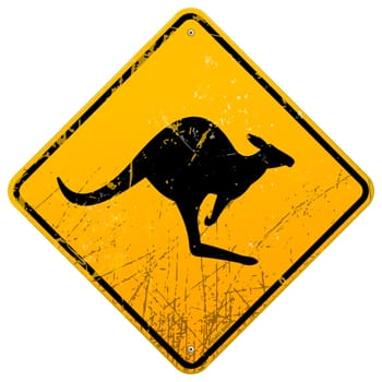 Damaged classic yellow Kangaroo roadsign with dust and scratches