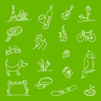 White handmade icons of various hobbies on green background