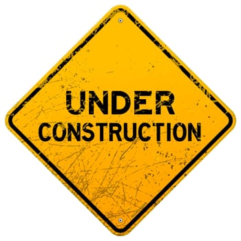 Aged yellow roadsign with dust and scratches and isolated on white background