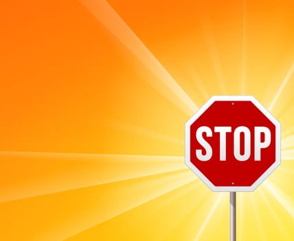 Classic red STOP roadsign on yellow sunny background