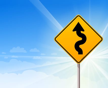 Yellow sign with winding road symbol on blue background