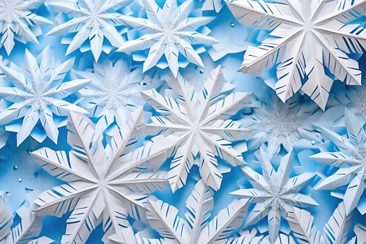 Beautiful white paper cut out snowflakes on a blue background. High quality illustration