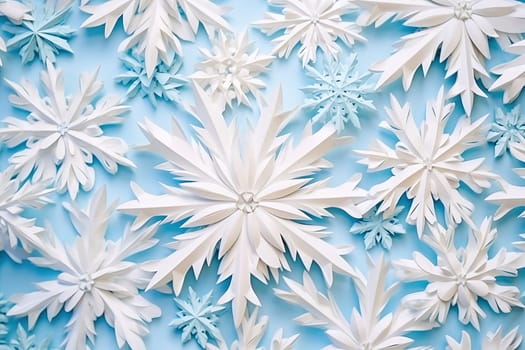 Beautiful white paper cut out snowflakes on a blue background. High quality illustration