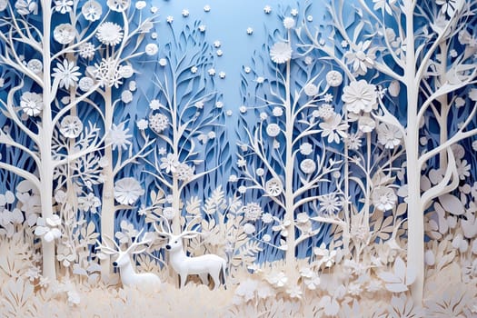 Reindeer in a white New Year's forest cut out of paper. High quality illustration
