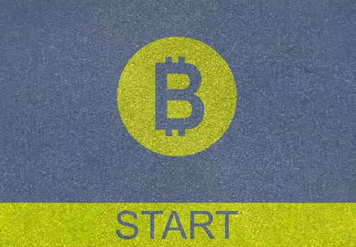 Bitcoin sign and start again written on gray background closeup. Cryptocurrency start trading now concept