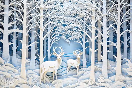 Reindeer in a white New Year's forest cut out of paper. High quality illustration