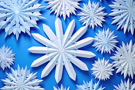 Beautiful white paper cut out snowflakes on a blue background. High quality illustration