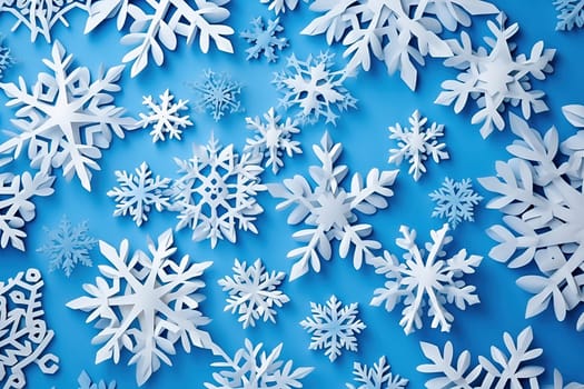 Beautiful white paper cut out snowflakes on a blue background. High quality illustration