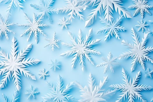 Beautiful white paper cut out snowflakes on a blue background. High quality illustration