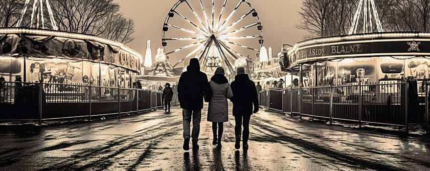 A family walks at the Christmas market in the evening. Back view. High quality photo