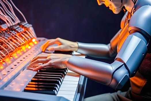 A humanoid robot plays an electric piano. High quality illustration