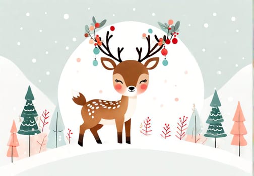 Cartoon cute Christmas reindeer illustration on winter background