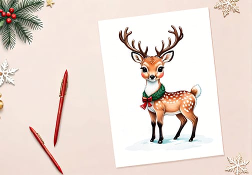 Cartoon cute Christmas reindeer illustration on winter background