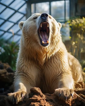 Portrait of a polar bear with open mouth in a zoo. High quality photo