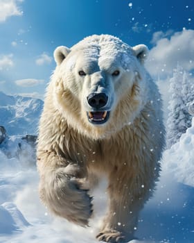 Portrait of a polar bear running through the snow. High quality photo