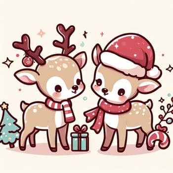 Merry Christmas and happy new year greeting card with cute deer. Holiday cartoon character in winter season.