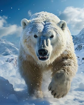 Portrait of a polar bear running through the snow. High quality photo