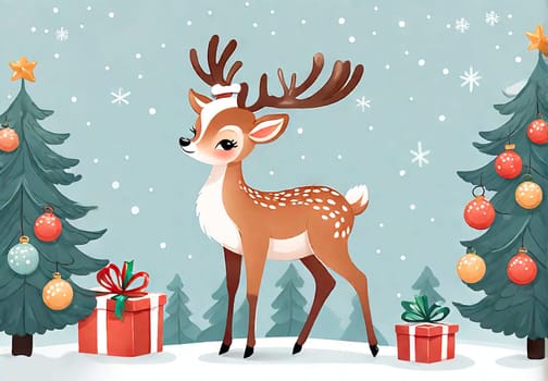 Cartoon cute Christmas reindeer illustration on winter background