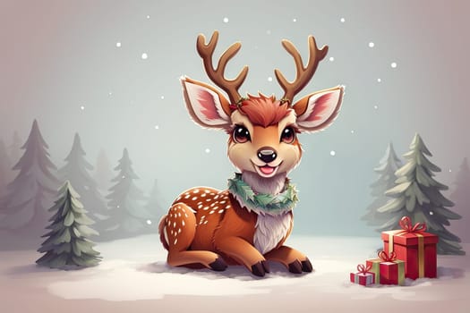 cute cartoon Christmas deer on background. Cute animals with Christmas tree and presents