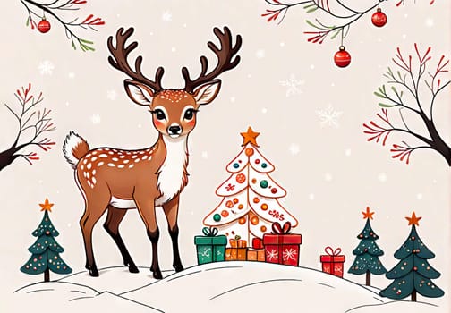 Cartoon cute Christmas reindeer illustration on winter background