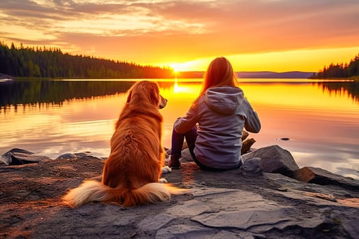 A woman and a dog sit on the shore of a lake during sunset. High quality photo