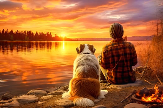 A man and a dog sit on the shore of a lake during sunset. High quality photo