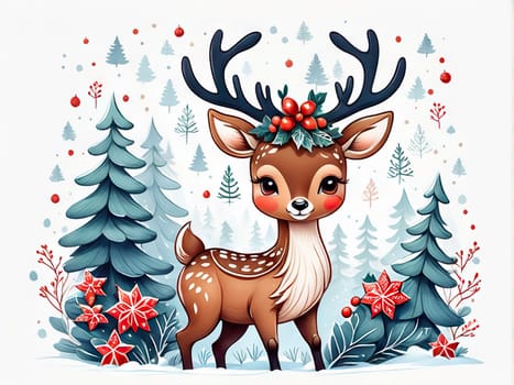 Cartoon cute Christmas reindeer , Happy deer at forest.