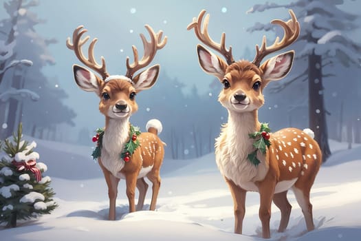 cute cartoon Christmas deer on background. Cute animals with Christmas tree