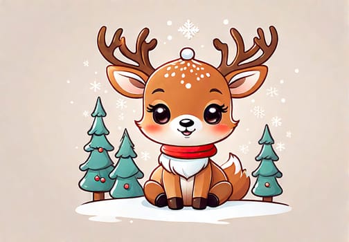 Cartoon cute Christmas reindeer illustration on winter background